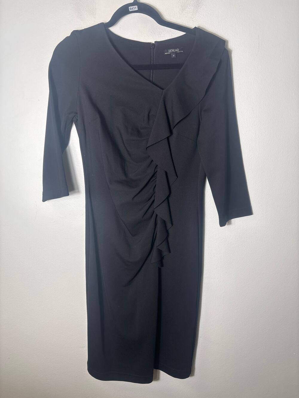 Renuar Black Front Ruffle Fitted Dress Sz 4